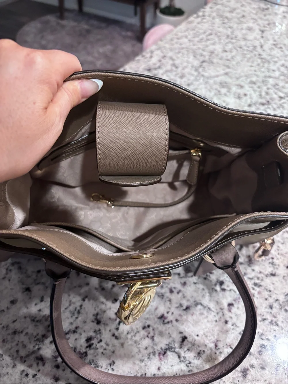 Michael Kors Leather Satchel in Mauve Gray with Gold Hardware